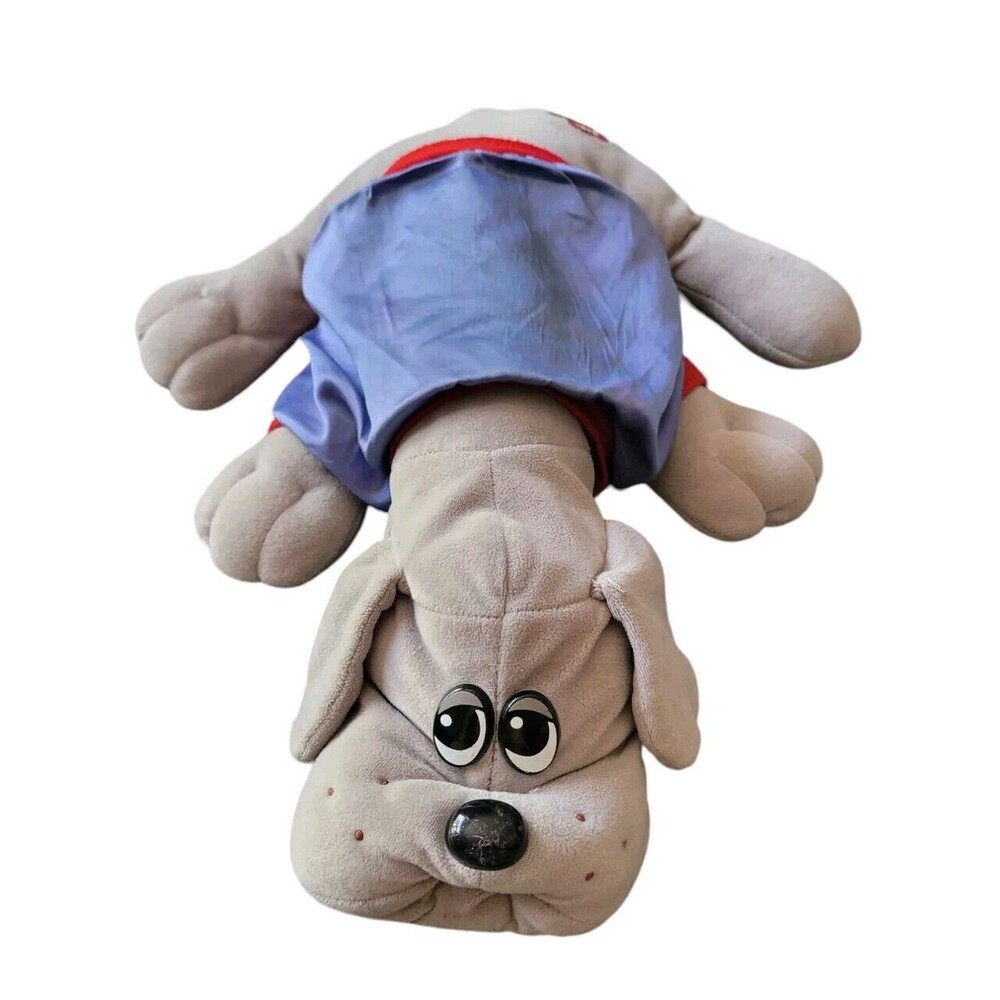 Tonka 1985 Gray Pound Puppy Plush Blue Button Jacket Cute Stuffed Animal  ~8"